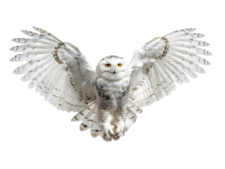 A majestic snowy owl with outstretched wings in mid-flight cut out transparent isolated on white background PNG file