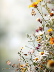 Elegant vintage style wallpaper design with beautiful and delicate wildflowers and butterflies