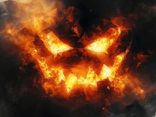 Close-up of a pumpkin with mouth and eyes on fire, Halloween concept