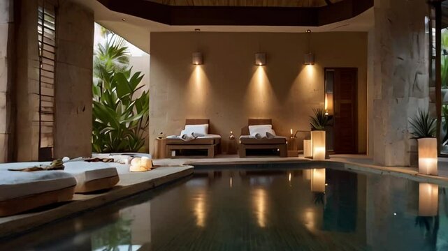 Luxurious Spa with Indoor Pool and Lounge Chairs
