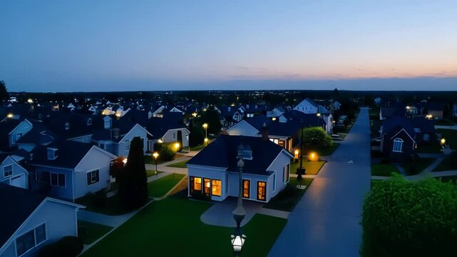 Timelapse of a quiet residential neighborhood with houses and streets gradually lighting up as night falls.