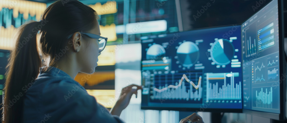 Wall mural a woman in glasses focuses on analyzing data displayed on multiple monitors in a modern, high-tech w
