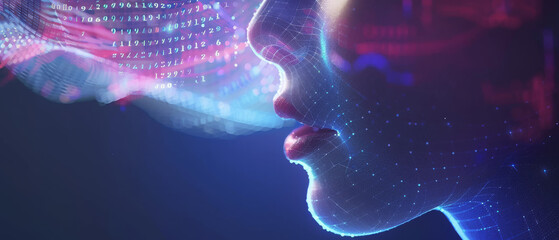 A contemplative robotic face emits digital codes and waves, symbolizing AI communication and technological advances.
