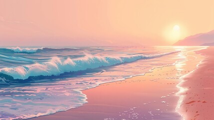 Stunning Sunset Over Serene Beach with Gentle Waves and Vibrant Sky, Capturing the Tranquility and Beauty of Nature at Dusk, Perfect for Travel, Relaxation, and Nature-Themed Projects
