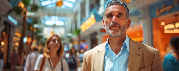 Middle-aged friends shopping, photorealistic mall scene,