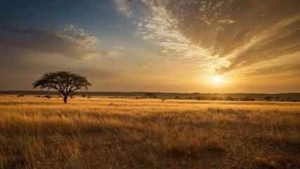 Fototapeta premium A stunning sunset over an African savanna with a solitary tree, vast grasslands, and a picturesque sky Perfect for eco tourism, travel, and adventure themes