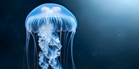 A transparent jellyfish moves gracefully in crystal ocean depths with flowing tentacles. Concept Underwater Photography, Marine Life, Jellyfish, Oceanic Beauty, Aquatic Elegance