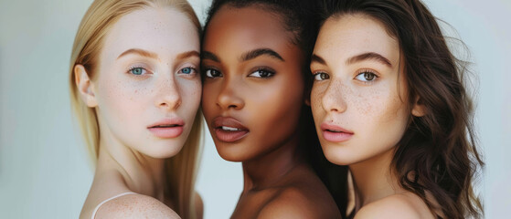 Obraz premium Three women with diverse skin tones and natural beauty, close together, radiating confidence and unity.