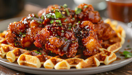 Closeup of chicken and waffles with hot sauce.