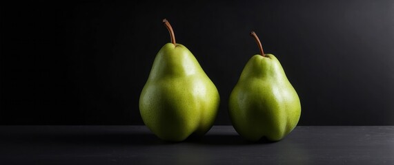 Two green pears on a dark background, capturing a minimalistic and healthy aesthetic for concepts like fresh produce, diet, and organic lifestyle