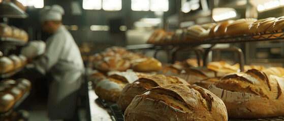Obraz premium A bakery’s bread counter filled with a variety of freshly baked loaves, capturing the richness and abundance of artisanal baking.
