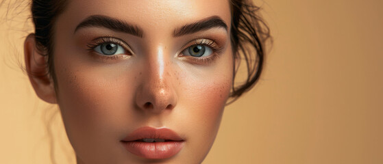 Fototapeta premium A close-up portrait of a person with bright blue eyes, soft freckles, and a serene expression, set against a warm beige background, capturing natural beauty.