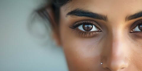 Young Indian woman with smooth skin nose stud and long eyelashes. Concept Beauty, Indian culture, Nose stud, Skin care, Eyelashes