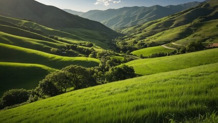Obraz premium Lush green hills and valleys bask in sunlight creating a serene and scenic landscape perfect for tranquil escapades, nature photography, and eco tourism
