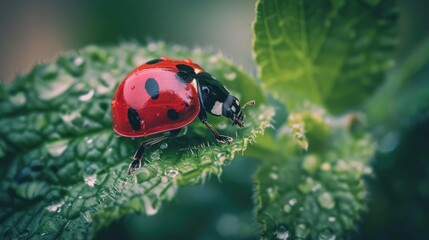 Obraz premium Ladybug Feeding on Leaf in Macro Shot