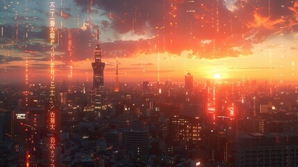 A panoramic view of a city skyline at sunset with digital overlays of augmented reality data and information.
