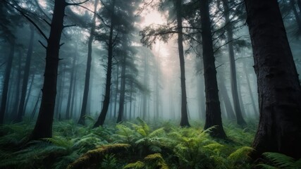 Fototapeta premium A serene and misty forest with tall trees and lush ferns under soft sunlight, perfect for themes of tranquility, exploration, and connection with nature