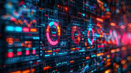 Obraz premium Abstract representation of data analytics with colorful charts, graphs, and digital icons on a virtual screen.