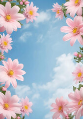 Light Pink Flowers Border on Sky Background with Center Copy Space. Vertical