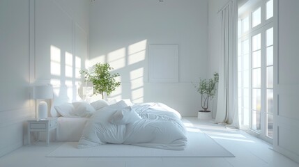 Fototapeta premium A serene and uncluttered minimalistic white bedroom, featuring clean lines and simple decor, soft lighting creating a peaceful and tranquil atmosphere. Created Using: DSLR camera