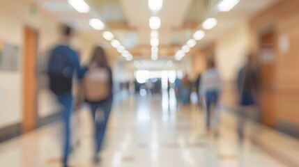 Abstract blur background of college hall with students for web design artistic defocused wallpaper with text space