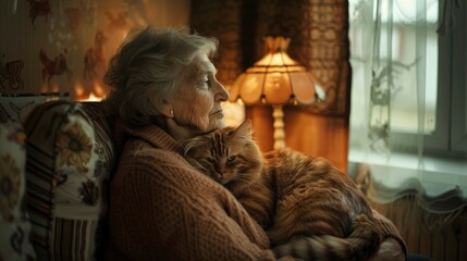 A senior woman and her pet cat, seated in a cozy living room with vintage decor, warm ambient lighting