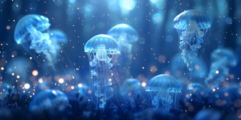 Fototapeta premium Glowing jellyfish float in starfilled sky over silhouetted forest in fantasy scene. Concept Fantasy Art, Glowing Jellyfish, Starfilled Sky, Silhouetted Forest, Magical Scene