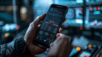 Close-up of a hand holding a smartphone with a fintech app interface displaying cryptocurrency trading data and trends.
