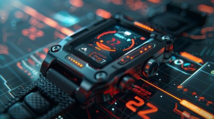 Close-up of a digital smartwatch displaying health tracking data and biometric information in a fitness setting.