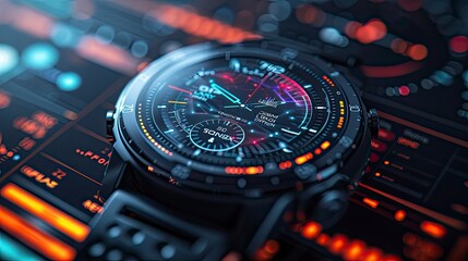 Close-up of a digital smartwatch displaying health tracking data and biometric information in a fitness setting.