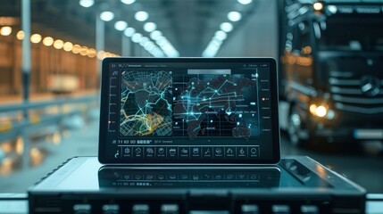 Close-up of a digital tablet with a logistics management system interface showing real-time shipment tracking and delivery routes.