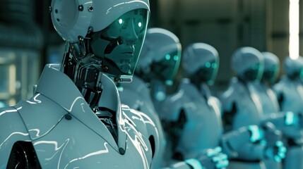 Fototapeta premium A Row of White Robots with Glowing Eyes