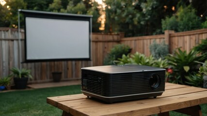 An outdoor projector setup in a backyard with a wooden fence, surrounded by greenery  Perfect for garden parties or summer evening movie nights