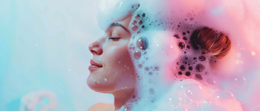 Woman with closed eyes immersed in colorful foam bubbles, showcasing relaxation and the joy of a soothing bath.