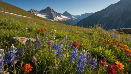 A colorful alpine meadow in full bloom with snow capped mountains in the background, perfect for hiking, nature photography, and serene getaways