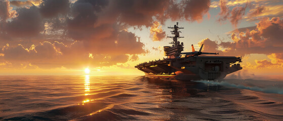 Fototapeta premium An aircraft carrier navigates tranquil waters during a stunning sunset, with its deck illuminated by the warm glow, epitomizing strength and serenity.