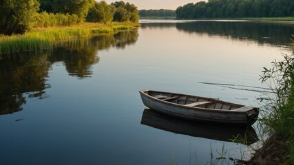 Obraz premium A serene scene featuring a wooden boat on a calm river surrounded by lush greenery and trees, reflecting a peaceful and tranquil summer atmosphere