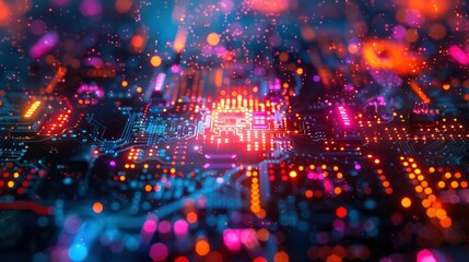 Obraz premium Abstract representation of quantum computing with qubits and digital circuits in a futuristic digital environment.