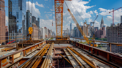 A crane is seen in the background of a city with a skyline in the distance
