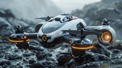 A futuristic autonomous drone concept with digital sensors and camera equipment scanning the environment.