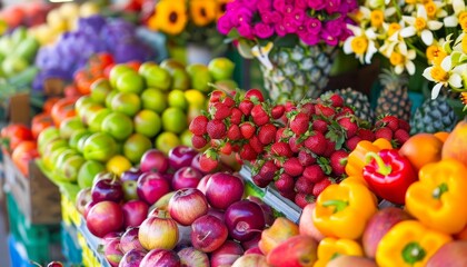 Vibrant Farmers Market Display with Fresh Fruits and Vegetables