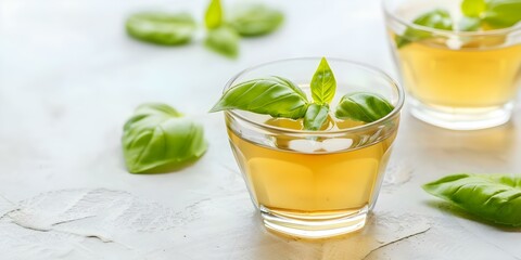 Fototapeta premium Ayurvedic remedy Basil leaves in warm honey water for fever and cold. Concept Ayurveda, Basil Leaves, Honey Water, Fever, Cold
