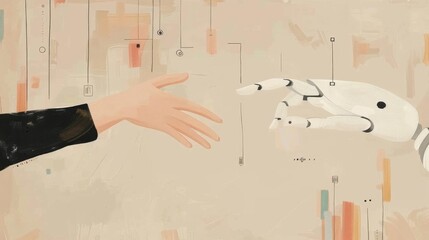 An advanced technology illustration showing a human hand and a robotic hand reaching towards each other