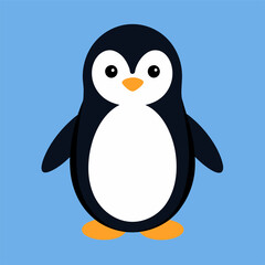 Black and white penguin with orange feet on blue background