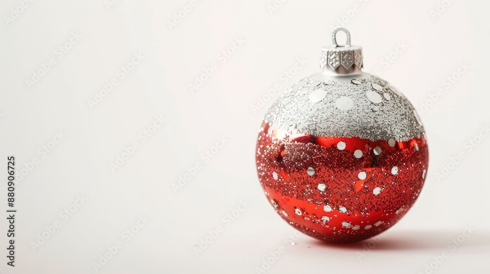 Poster glittery red and silver christmas ornament on white background with room for text