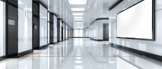 Obraz premium A sleek, modern hallway with pristine white surfaces and an array of glass doors, epitomizing minimalist architecture and futuristic design.