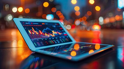 Detailed shot of a digital tablet with a financial app interface showing stock market trends and graphs.