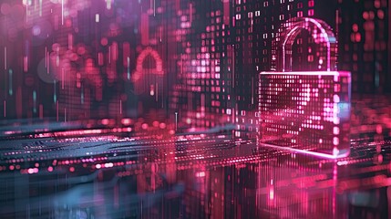 A digital security concept featuring a padlock with binary code flowing around it against a dark background.