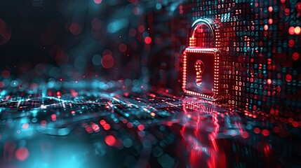 A digital security concept featuring a padlock with binary code flowing around it against a dark background.