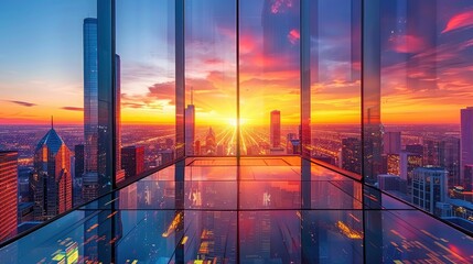 A panoramic view of a city skyline at sunset with digital overlays of augmented reality data and information.